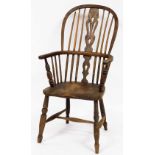 A 19thC ash and elm Windsor chair, with pierced splat back and H frame base, 114cm high, 54cm wide,