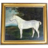 19thC School. White horse in landscape, oil on relined canvas, 39cm x 43cm, gilt framed.