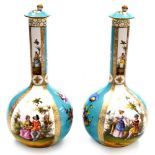 A pair of Dresden porcelain bottle vases and covers, each on a turquoise ground picked out in gilt a