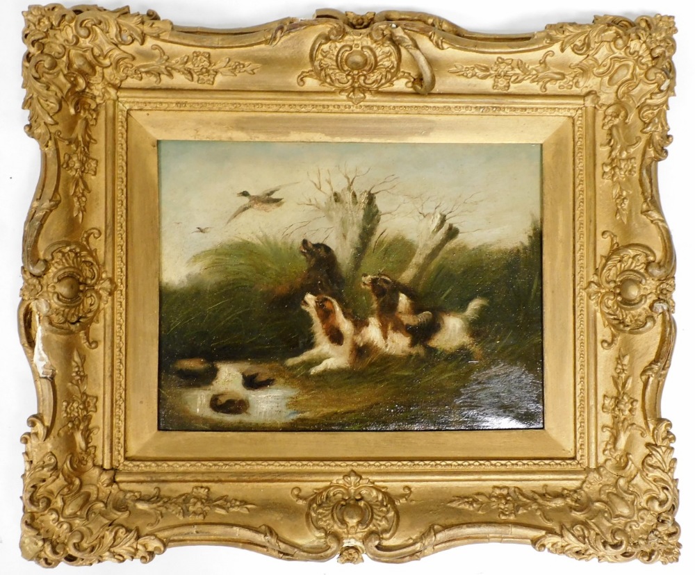 19thC English School. Spaniels putting up ducks amid reeds and tree stumps, oil on canvas, 31cm x 41 - Image 2 of 2