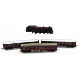 A Hornby Duke of Sutherland locomotive and LMS carriage, together with three other carriages. (5)