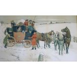 Victor Venner. Royal Mail horse drawn cart near York, over painted print, 36cm x 58cm, framed and gl