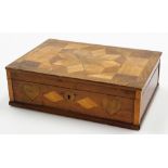 A Victorian parquetry sewing box, with multiple panel inlaid top and fitted tray centre, painted pur