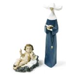 Two Lladro figures, to include a seated child and flared rock base, 12cm wide, and a nun, 25cm high.