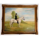 20thC School. Lady on horseback, oil on canvas, 40cm x 51cm, gilt framed.