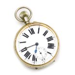 A silver plated cased Goliath pocket watch, with white enamel dial and Roman numerals, with seconds