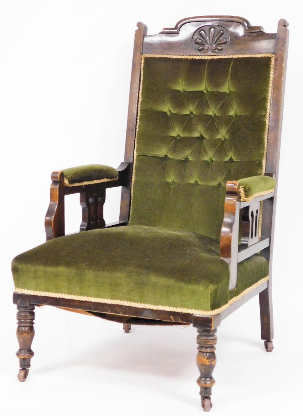 An Edwardian beech ladies salon chair, with a carved back and green draylon upholstery, 110cm high,
