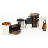 A group of drinking related trinkets, silver plated beaker, leather cased and silver plated beaker s