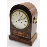 A Sheraton Revival mahogany marquetry domed mantel clock, the case with inlays of urn and scrolls, w