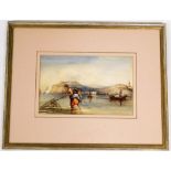 19thC School. Boats and female figure fishing in the harbour, watercolour, unsigned, 18cm x 29cm,