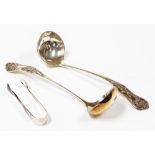 Two silver plated serving ladles, one marked A2, the other with crown polar bear and bee stamp, each