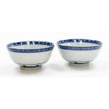 Two Chinese blue and white rice bowls, with leaf and diaper borders, the bodies with translucent ric