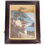 A Japanese relief painted picture, of trees and outbuildings with moulded figure, unsigned, 52cm x 3