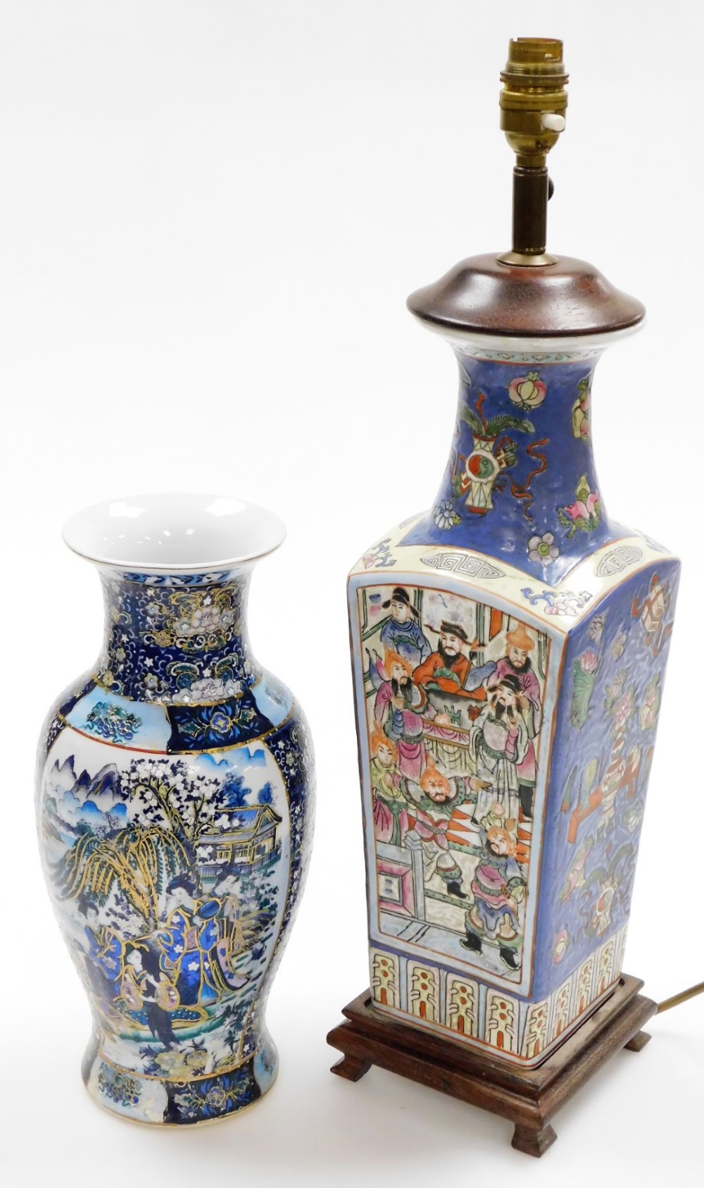 A Chinese porcelain lamp, of square section, each side decorated in enamels with warriors, Buddhist