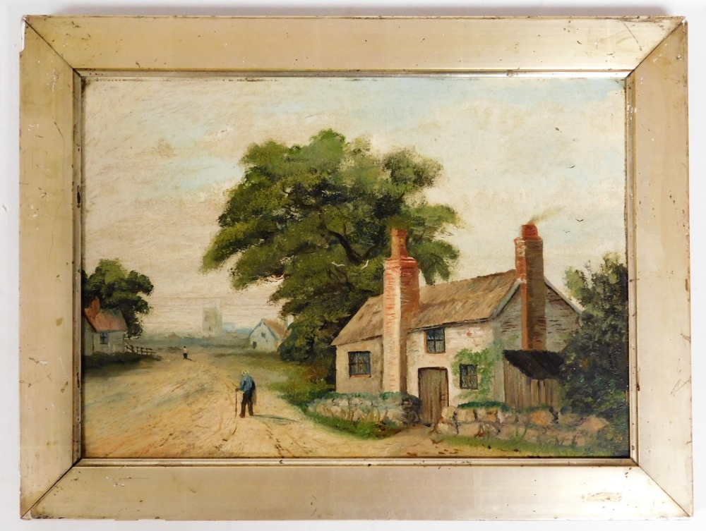 19thC School. Farmscape with cathedral in foreground, oil on panel, 24cm x 35cm, in a gilt frame.