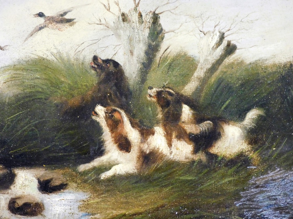 19thC English School. Spaniels putting up ducks amid reeds and tree stumps, oil on canvas, 31cm x 41