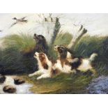 19thC English School. Spaniels putting up ducks amid reeds and tree stumps, oil on canvas, 31cm x 41