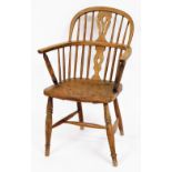 A 19thC ash and elm Windsor chair, with pierced splat, on H frame base, 85cm high, 59cm wide, 47cm d