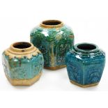 Three Chinese stoneware hexagonal ginger jars, each with a turquoise glaze, 13cm high, and two 10cm