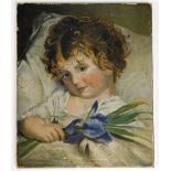 20thC School. Figure of a child holding blue flowers, oil on canvas, 31cm x 25cm, with Alba's Artist