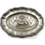 A continental pewter platter, the design embossed with greyhound and crown above crested symbol, on