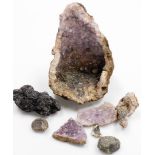 A group of fossils and crystals and amethyst geodes.