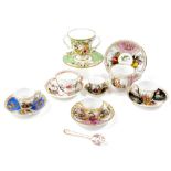 Cabinet cups and saucers, to include five Dresden cups and saucers, one Meissen and a Derby green an
