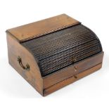 A 19thC mahogany tambour top writing box, with inkwell sections, with single pull out drawer, 17cm h