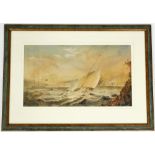 19thC School. Boats in rough seas near harbour, unsigned, watercolour, 32cm x 55cm, framed and glaze