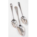 Three various silver teaspoons, each with initialled top, one stamped D, one C, the other CH?, Georg