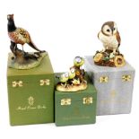 Three Royal Crown Derby boxed bird ornaments, to include Brown Owl, 16cm high, Blue Tit and chicks,