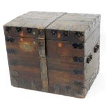 A pitch pine and metal bound travel trunk, bearing brass plaque for R Allfrey Esq, possibly mid to l