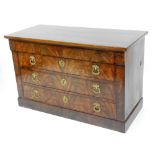 A 19thC French Regence flame mahogany chest, the figured top above four long drawers each with brass