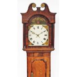 A George III oak cased longcase clock, with a painted dial and arched pediment hood above single doo