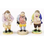 Three Derby figures of gentlemen, each in waistcoat with pot bellies one bearing orange crest to und