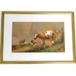 20thC School. Cattle and sheep watercolour, indistinctly signed, dated 19?, 19cm x 33cm, framed and