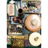 Various treen and trinkets, miniature cloisonne vase, loop, pen knives, seal stamps, vintage tape me