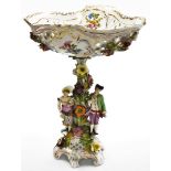 A Dresden porcelain centrepiece, the rectangular shaped bowl with profusely encrusted floral decorat