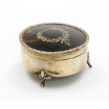 A George V silver and tortoiseshell trinket box, the circular top with tortoiseshell inlay, and appl