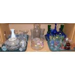 A quantity of decorative glassware, vases, blue glass, drinking glasses, paperweights, etc. (1 shel