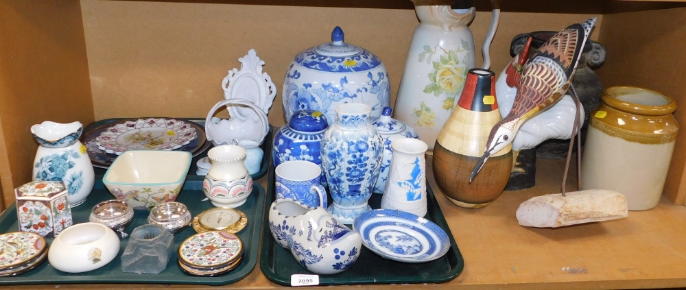 Various household china and effects, stoneware vase, blue and white wares, jug, silver plated salts,