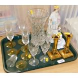 A group of drinking glasses, Staffordshire style figures, miniature brass candlesticks, etc. (1 tra