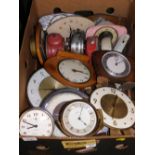 A group of novelty travel clocks, etc., alarm clocks, etc. dated mainly from the 60s and 70s.
