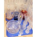 Various glassware, to include cut glass decanters, flared cranberry glass vase, etc. (2 trays)