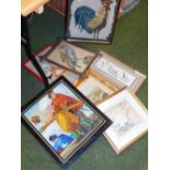 A group of pictures and prints, two oriental prints, watercolour of an owl, embroidery and a print i