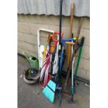 Various garden tools, shovels, rakes, plant pots, enamel bowl, two step ladder, etc. (a quantity)