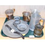 A group of pewter wares, pewter tankards, plates, silver plated cups, etc. (a quantity)