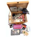 A tan leather travel case and contents of jewellery, comprising faux pearl necklaces, beaded necklac