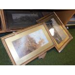 A group of Victorian and later pictures and prints, a watercolour of castle ruins and cattle, and tw