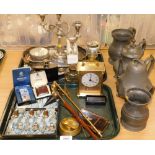 Various silver plated wares, trinkets, mantel clock, lighters, brassware, pewter wares, etc. (2 tray